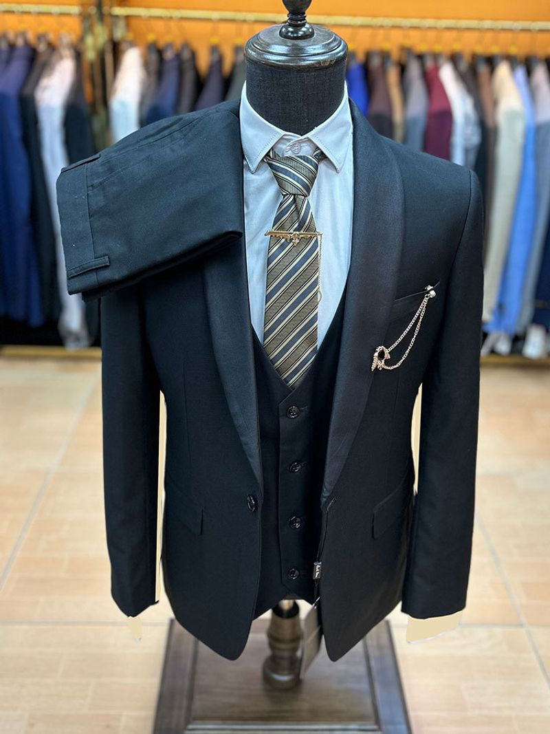 Men's Clothing Green Fruit Collar 3 Piece Suit For Men Student Graduation Stage Performance Slim Dress_voghion.com