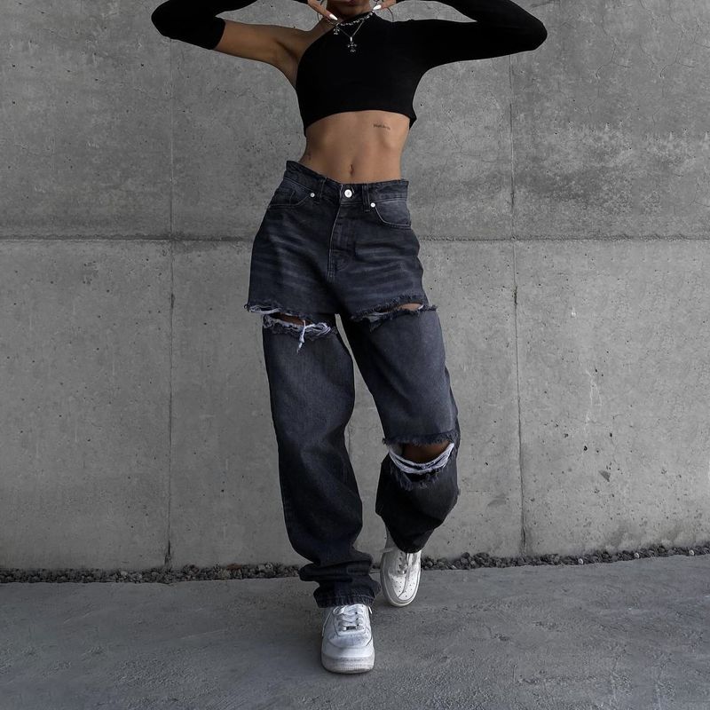 Women's clothing ripped jeans Spring and autumn women's low waist loose drape straight jeans_voghion.com