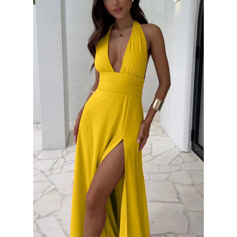 Odzież damska Halter Neck V Neck Strap Backless Slit Dress Temperament Długa spódnica_voghion.com