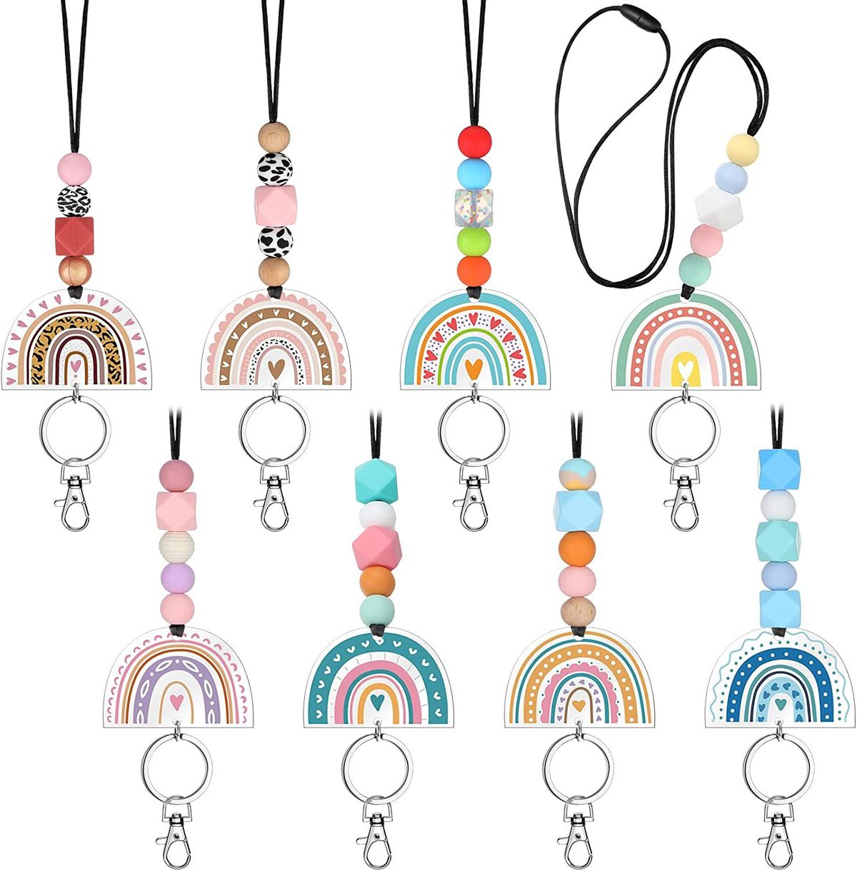 8 Stück Lehrer-Schlüsselband in Regenbogenfarben, mit Silikonperlen, Acryl-Schlüsselanhänger, Posmi-Schlüsselband in Regenbogenfarben mit Perlen, Seil aus Silikonperlen_voghion.com