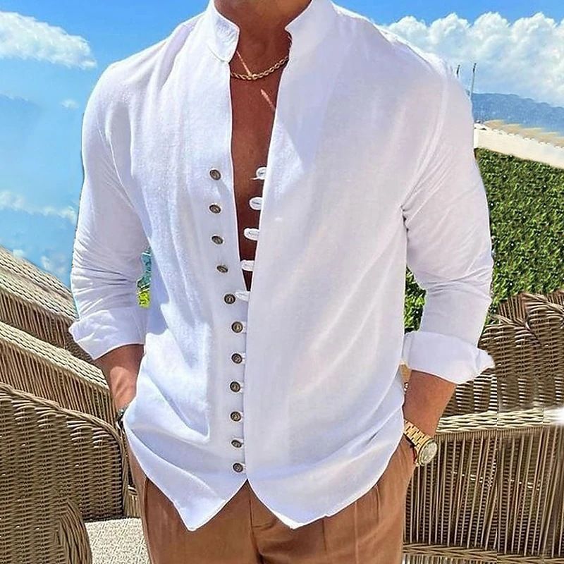 2023 Camicie taglie forti da uomo a maniche lunghe in cotone e lino leggero casual OEM camicie personalizzate da uomo per l'estate Stand370_voghion.com
