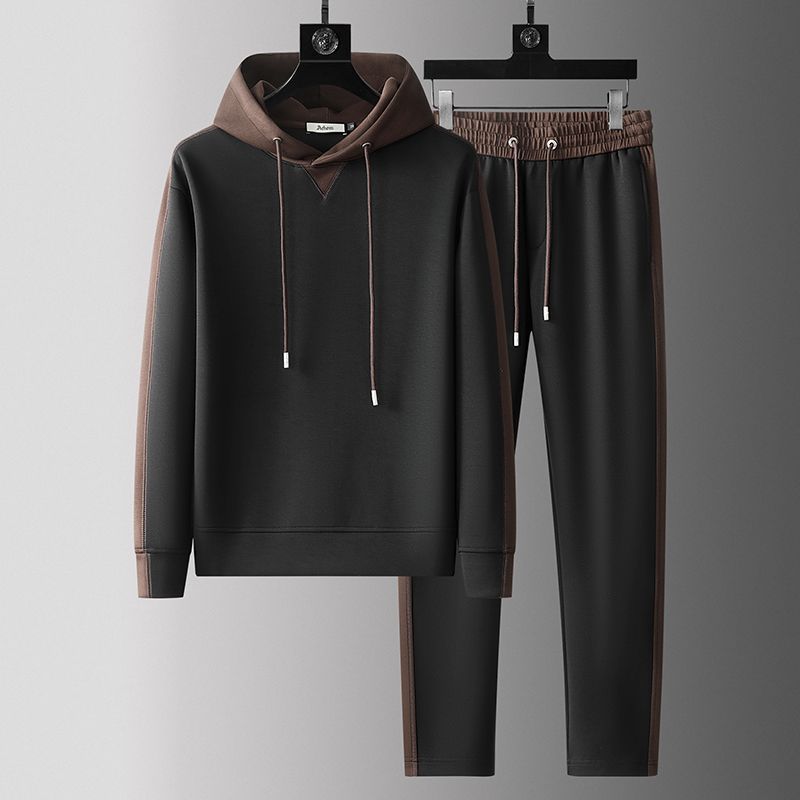Herren-Set mit Fleece-gefüttertem Hoodie und Jogginghose – Winter-Trainingsanzug im Colorblock-Design mit Kontrastnähten (Schwarz/Braun/Khaki, Größen M–4XL)_voghion.com