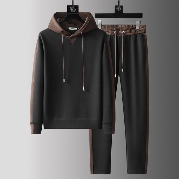 Herren-Set mit Fleece-gefüttertem Hoodie und Jogginghose – Winter-Trainingsanzug im Colorblock-Design mit Kontrastnähten (Schwarz/Braun/Khaki, Größen M–4XL)_voghion.com
