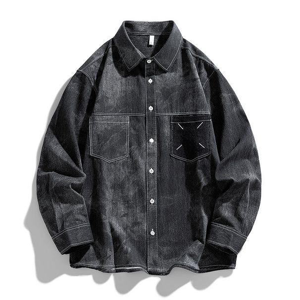 2024 Autumn High-quality Trendy Denim Men's Korean Version Pure Cotton Workwear Style Couple Long Sleeved Shirt Jacket_voghion.com