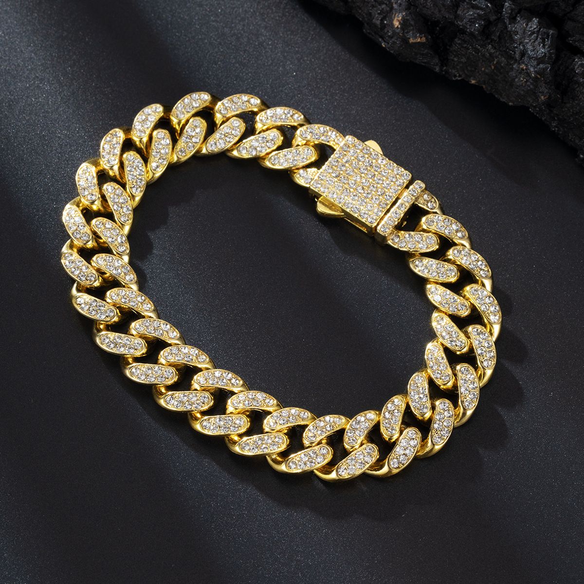 Bracciale cubano Hip Hop da 13 mm con chiusura a molla, in lega, con diamanti, stile spesso, unisex_voghion.com