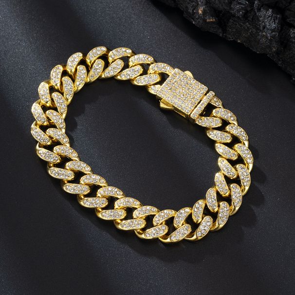 Bracciale cubano Hip Hop da 13 mm con chiusura a molla, in lega, con diamanti, stile spesso, unisex_voghion.com