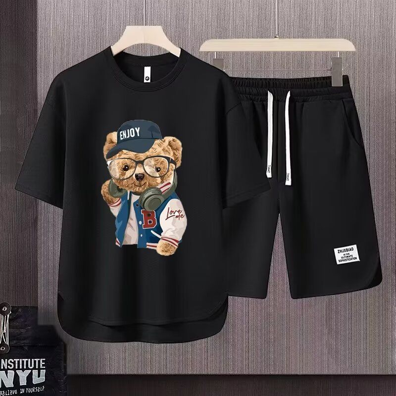 Herrenbekleidung Bär Kurzarm T-Shirt Herren Sommer Ins Marke Lose Shorts Basketball Uniform Set Laufsportanzug Paar Outfit_voghion.com