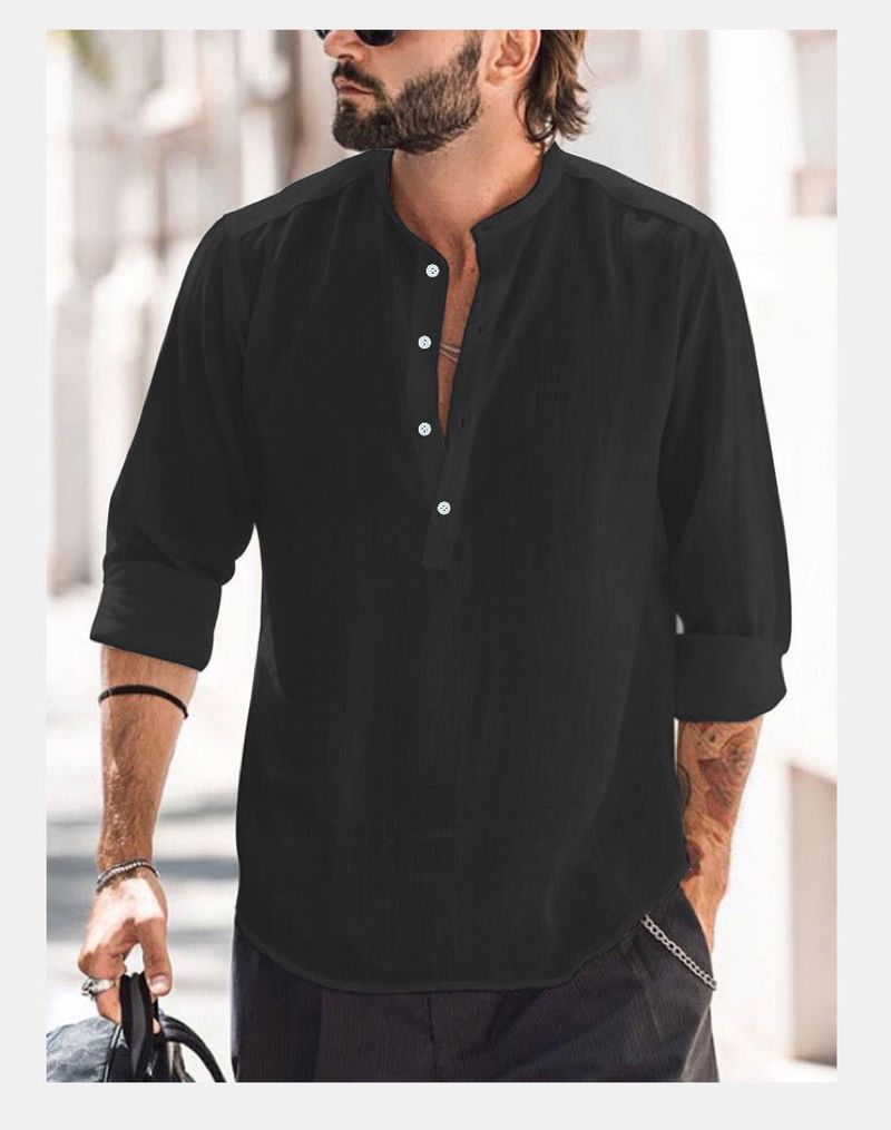 Camicia casual da uomo con colletto alto e tubo porta, tinta unita, a maniche lunghe, in cotone e lino di bambù_voghion.com