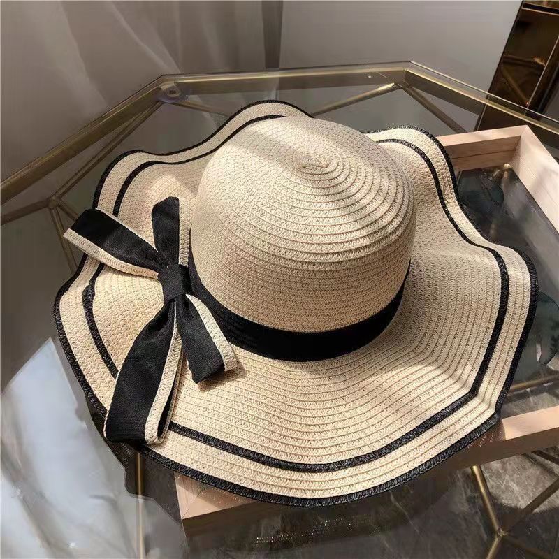 Großer Sale Große Krempe Welle Schwarz Rand Bogen Solide Eimer Stroh Frauen Mädchen Strand Am Meer Sonnenschutz Kappe Abdeckung Reise Urlaub Sonne hut_voghion.com