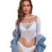 Neu Leucht dessous langarm bikini overall sexy glowing transparent weiß mesh_voghion.com