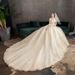 Champagne Lace Long Sleeve Wedding Dress With Cathedral Train, Plus Size Bridal Gown For Elegant Bride, Flowy A-Line Silhouette_voghion.com