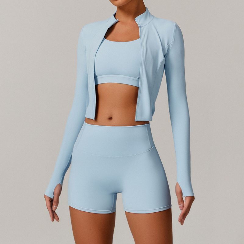 Damenbekleidung Outdoor-Sport Enges Yoga-Bekleidungsset Nude Fitness-Bekleidung Stoßfeste Yoga-Bekleidung mit hoher Taille Dreiteiliges Set_voghion.com