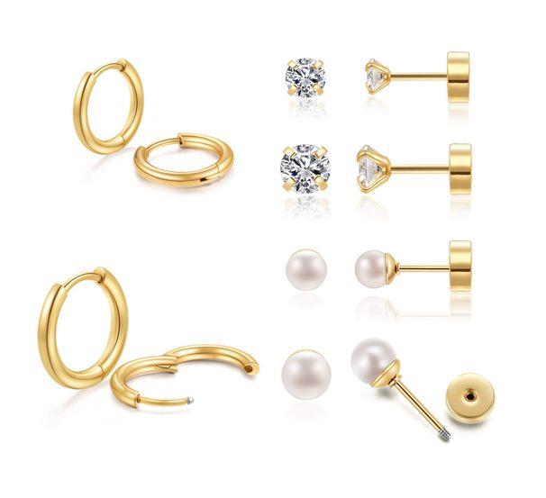 Set di gioielli da donna alla moda, in vero oro, in ottone galvanizzato, alla moda, semplice, versatile, con perle e orecchini a bottone._voghion.com