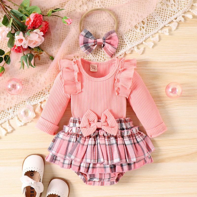 Roupas infantis para bebês meninas, manga longa, laço, saco xadrez, saia de peidos, outono e inverno, terno de bebê e criança_voghion.com