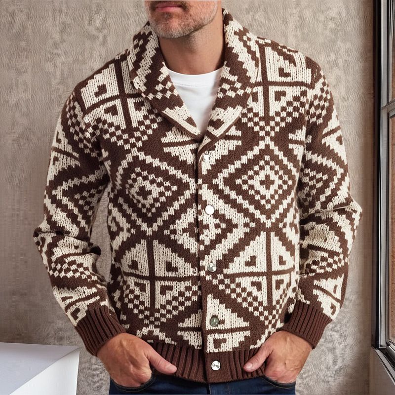 Men's Casual Geometric Jacquard Knitted Sweater, American Retro Thick-Knit Cardigan, Woolen Coat, Sy0077_voghion.com