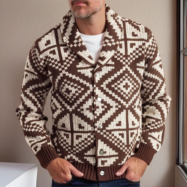 Men's Casual Geometric Jacquard Knitted Sweater, American Retro Thick-Knit Cardigan, Woolen Coat, Sy0077_voghion.com