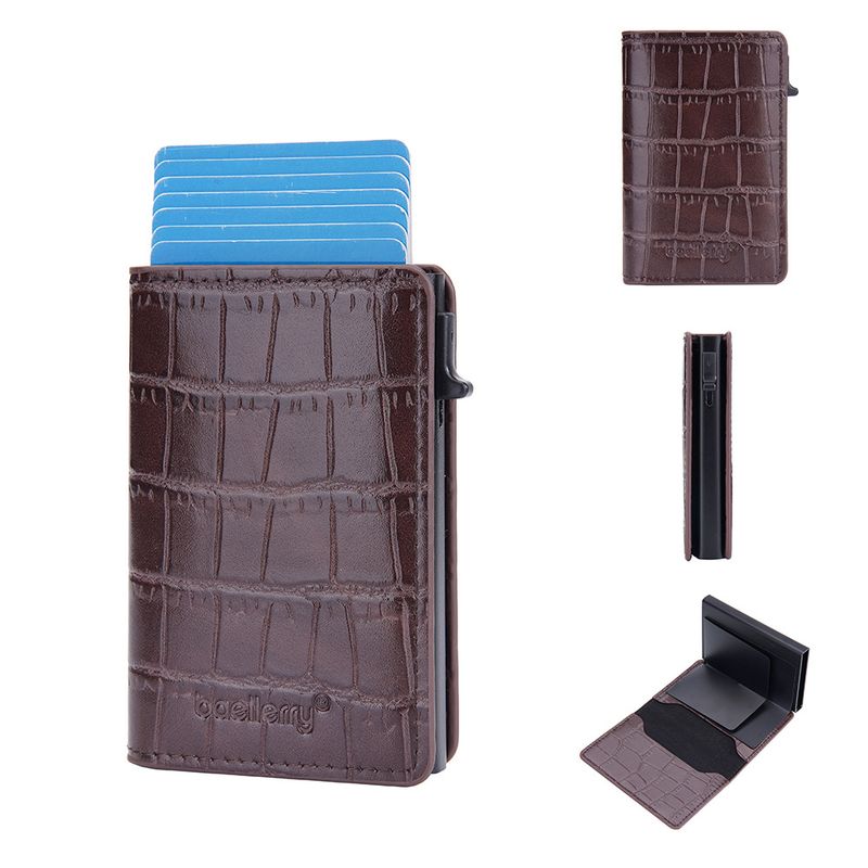 Baellerry new men's card bag crocodile pattern RFID side push elastic card aluminum box card holder simple wallet_voghion.com