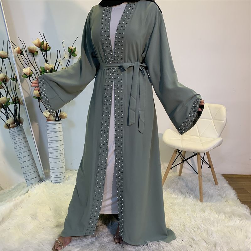Women's Casual Fashionable Elegant Solid Beaded Muslim Lace Cardigan Robe_voghion.com