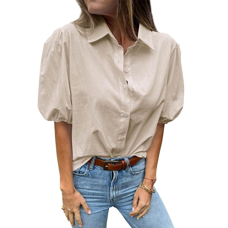 Damenbekleidung Sommer Puffärmel Top Einfarbig Knopf Kurzarmhemd Weiblich_voghion.com