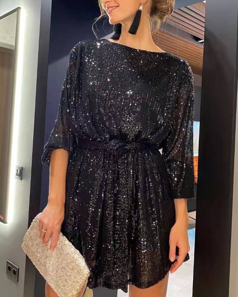 Damen Urlaub Party Mode Pailletten Pailletten Farbe Taille Kleid Kleines Kleid Rock_voghion.com
