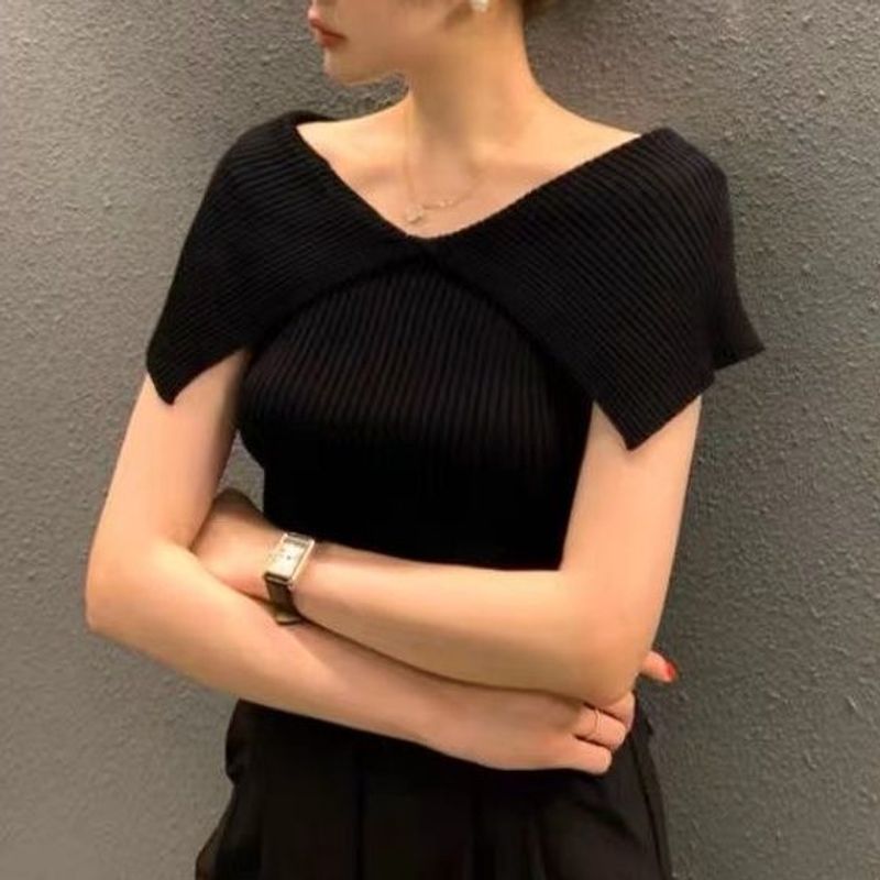 Slimming and slimming off shoulder collar knitted sweater for women 2024 summer new thin small fragrance top gentle_voghion.com