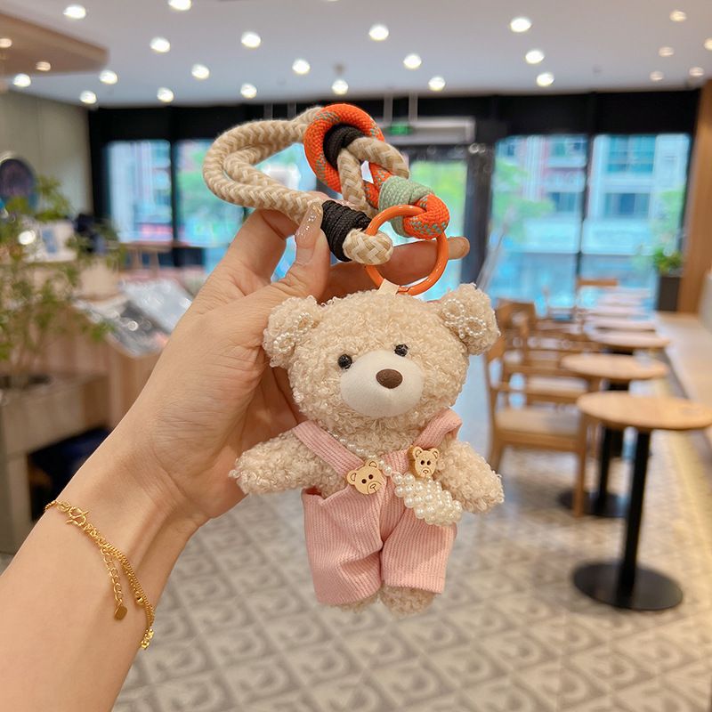 Niedliche Frottee-Latzhose, Bär, Schlüsselanhänger, entzückende Perle, Umhängetasche, Plüsch, koreanischer Stil, Cartoon-Tasche, Anhänger, fertiges Produkt_voghion.com