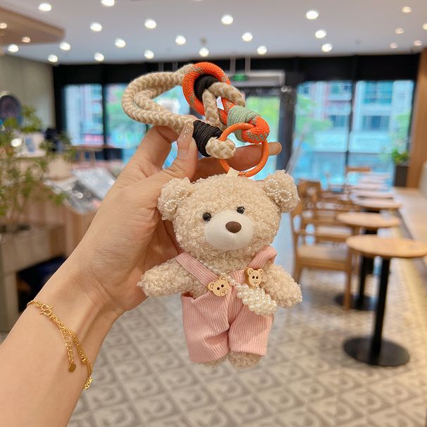 Niedliche Frottee-Latzhose, Bär, Schlüsselanhänger, entzückende Perle, Umhängetasche, Plüsch, koreanischer Stil, Cartoon-Tasche, Anhänger, fertiges Produkt_voghion.com