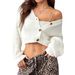 Women's Short Button-Up Knit Cardigan – Oversized Cropped Sweater Coat With Polo Collar, Lightweight Acrylic Blend For Fall & Winter_voghion.com