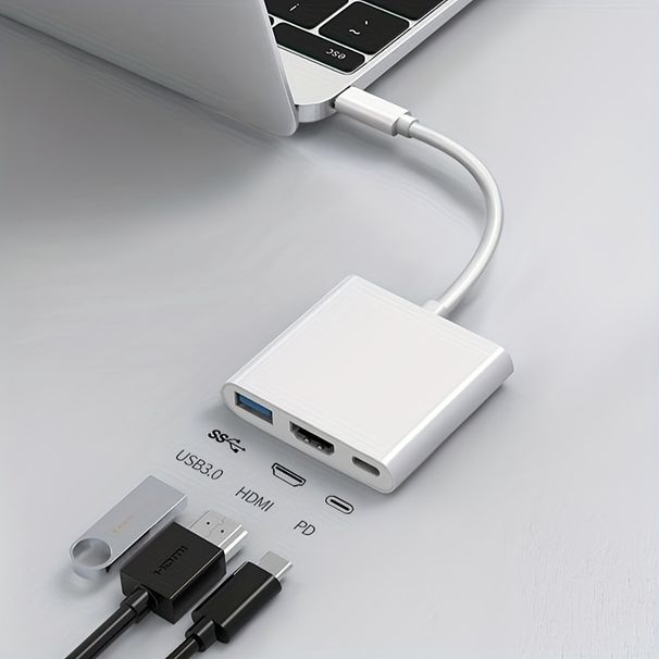 1 x USB-C-Dock aus weißem ABS-Material für 4K 30Hz HDTV + USB3.0 + PD100W, geeignet für Mobiltelefone, iPads, Laptops_voghion.com