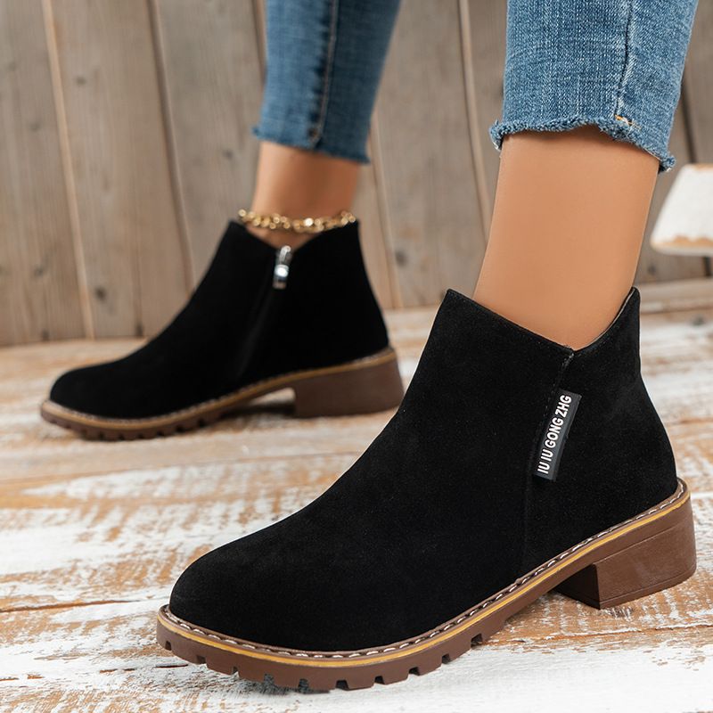 Women's shoes autumn and winter new short tube retro frosted short boots women's chunky heel flat Martin boots side zipper style women's shoes_voghion.com