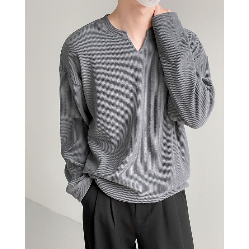 Spring and Autumn New Daily Casual Design Sense Long sleeved T-shirt Men's Loose and Versatile Bottom Top_voghion.com