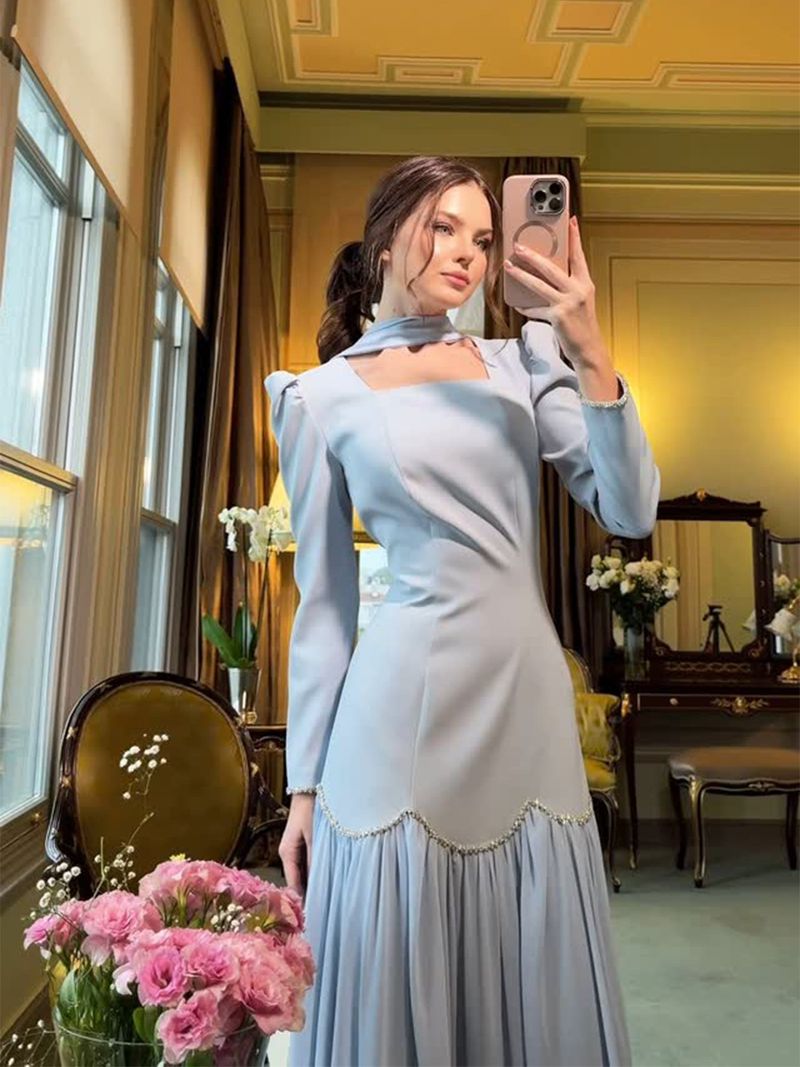 Women's Clothing Spring New Hand Studded Diamond Ribbon Design Long Sleeved Ladies Slim Dress_voghion.com