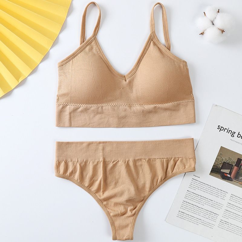 Damenunterwäsche-Set aus Baumwolle, kurze Hautpflege-Sets, gerippter Büstenhalter, sexy Tanga, niedrige Taille, Höschen, nahtloser BH_voghion.com