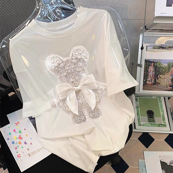 Maglietta a maniche corte con ricamo a rombi tridimensionali e paillettes da donna, stile cartoon, per l'estate, ampia e alla moda, adatta per ridurre l'età._voghion.com