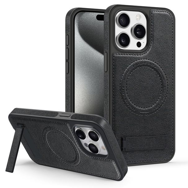 Magnetic Leather Stand Case For IPhone 16/15 Pro Max - Crystal Shield Protective Cover With Kickstand (Compatible With IPhone 14/15 Series)_voghion.com