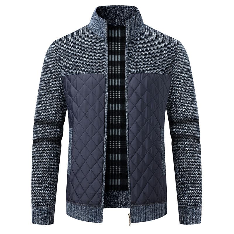 ​Men's Stand Collar Fleece-Lined Thickened Long Sleeve Color Block Knit Cardigan Winter Warm Slim Fit Pullover Sweater (Multiple Colors )​_voghion.com