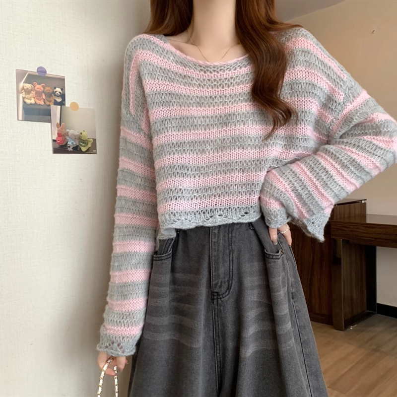Cardigan tricoté à manches longues et rayures roses Dopamine pour femme, nouveau design d'automne, haut ample et décontracté_voghion.com