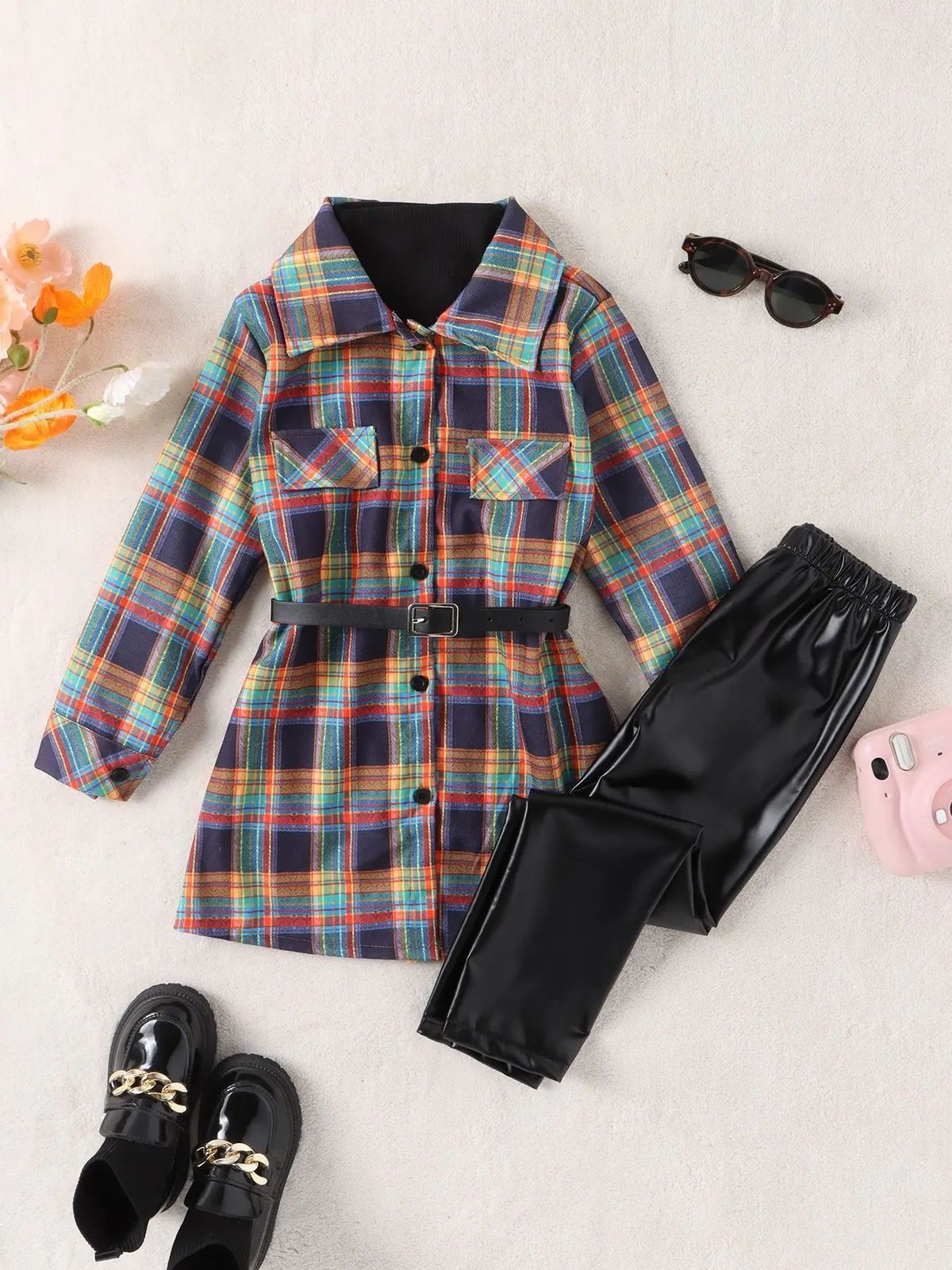 Girls' Autumn New Lapel Mid Length Shirt + Base Sweater Leather Pants Three Piece Suit_voghion.com