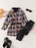 Girls' Autumn New Lapel Mid Length Shirt + Base Sweater Leather Pants Three Piece Suit_voghion.com