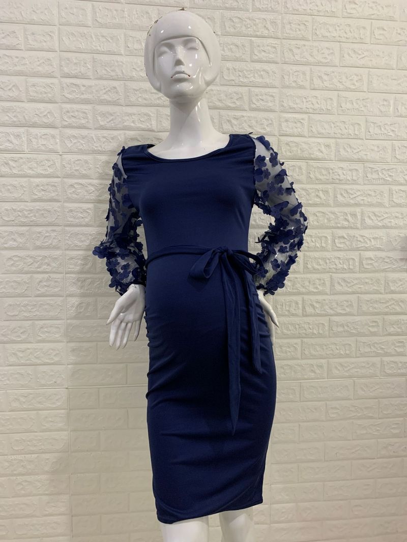 Women'S fashion flower long-sleeved stretch maternity round neck tail dress photography dress_voghion.com