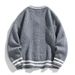 Baseball Collar Cardigan Sweater - Oversized Knit Pullover With Jacquard Design For Men & Women (Grey, Black, Army Green)_voghion.com