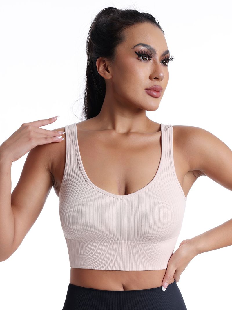 Ropa de mujer, chaleco deportivo con cuello en V, tirantes anchos y rosca, ropa interior con cuello profundo fruncido y rosca, top moldeador de color liso para yoga y exteriores_voghion.com