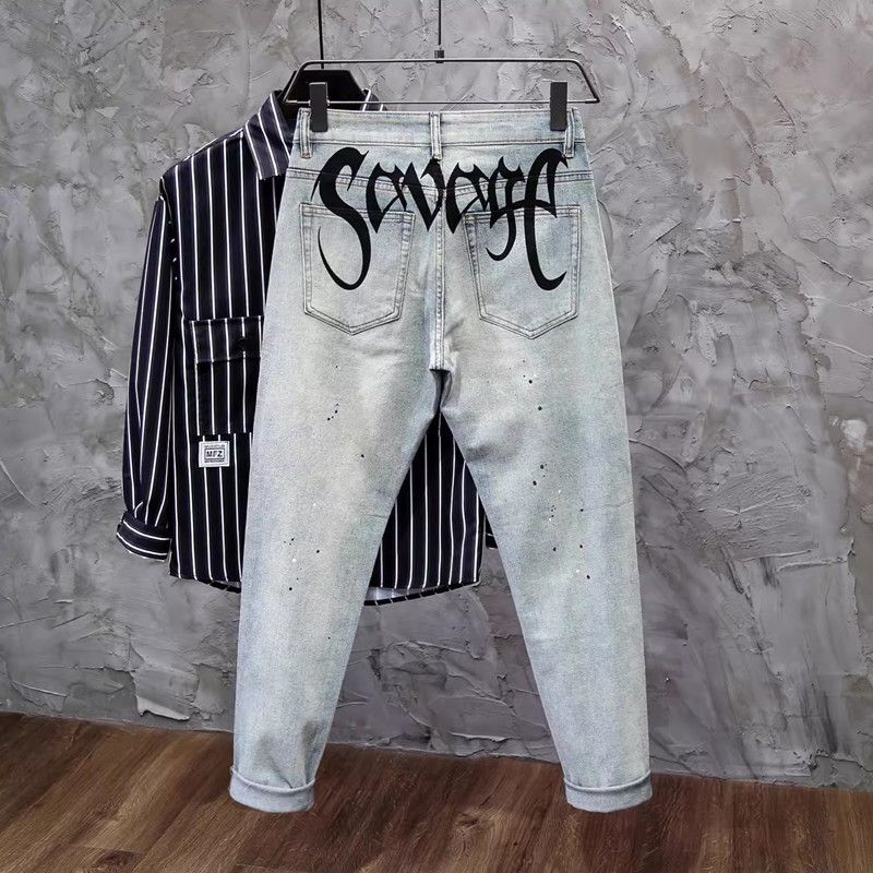 Genç ve erkekler genç erkek giyim kot pantolon erkek retro yüksek sokak boya aşınmaya dayanıklı rahat yıkanmış popüler dar pantolon_voghion.com