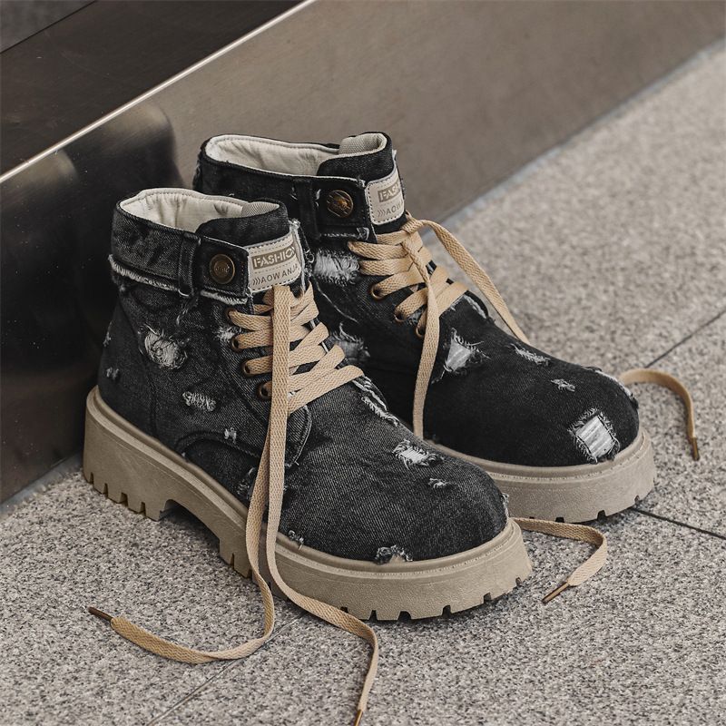 Men's Chunky Sole Cowboy Denim Ankle Boots - Retro Work Boots With Mid-Calf Height & Lace-Up Design For Casual & Streetwear_voghion.com