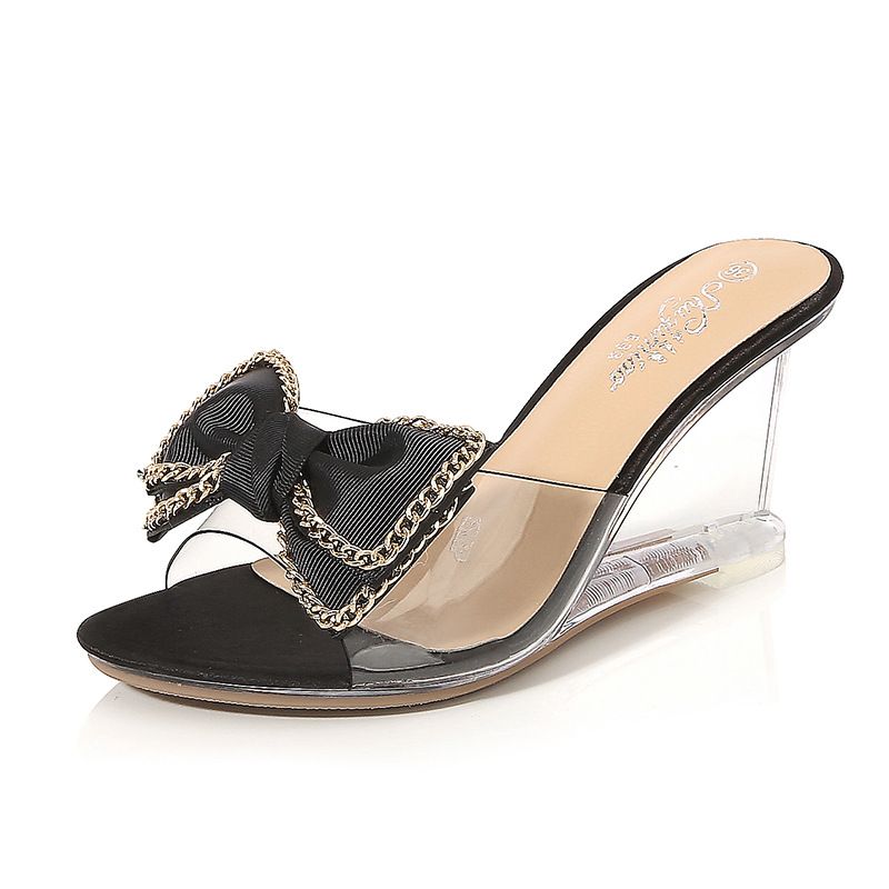 Fairycore Crystal Bow Slides Korean Summer Wedge Sandals For Women Elegant Rhinestone Decor Comfortable Platform Heels_voghion.com