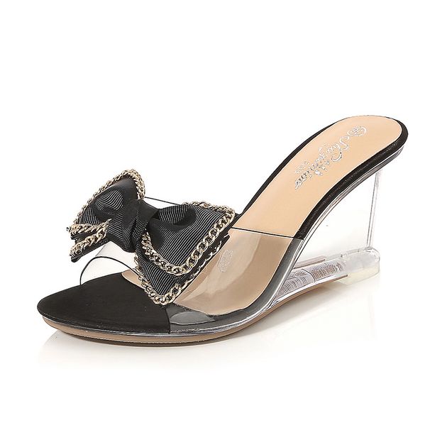 Fairycore Crystal Bow Slides Korean Summer Wedge Sandals For Women Elegant Rhinestone Decor Comfortable Platform Heels_voghion.com