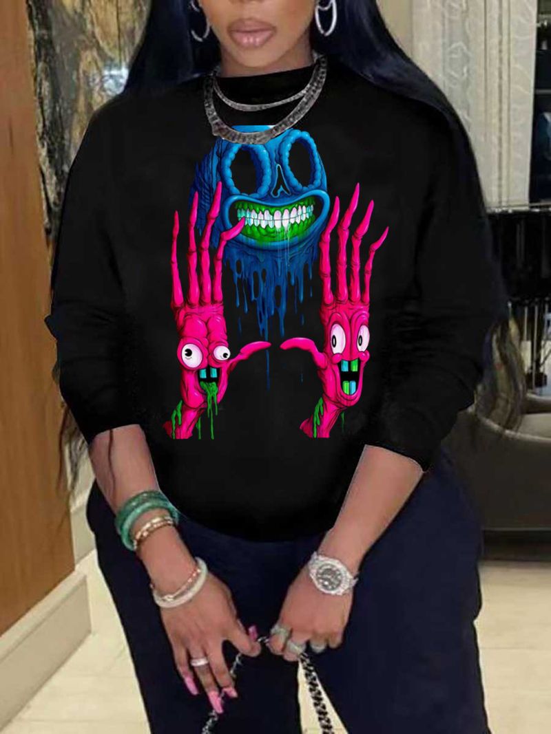 Kleidung bedrucktes langärmeliges Rundhals-Sweatshirt mit lockerer Passform_voghion.com
