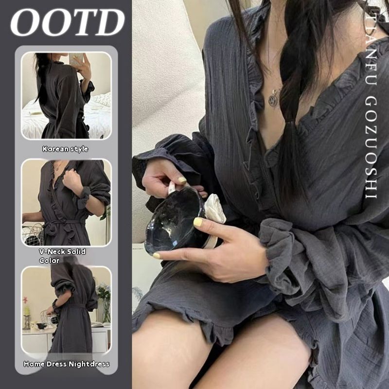 【 High quality  cotton 】 Lotus leaf edge loose home clothes spring and autumn, Korean version high-end French_voghion.com