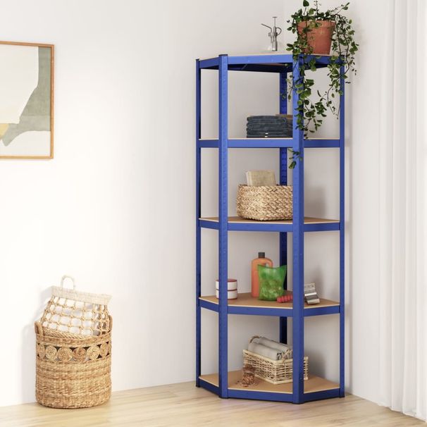 5-Layer Corner Shelf Blue Steel&Engineered Wood_voghion.com