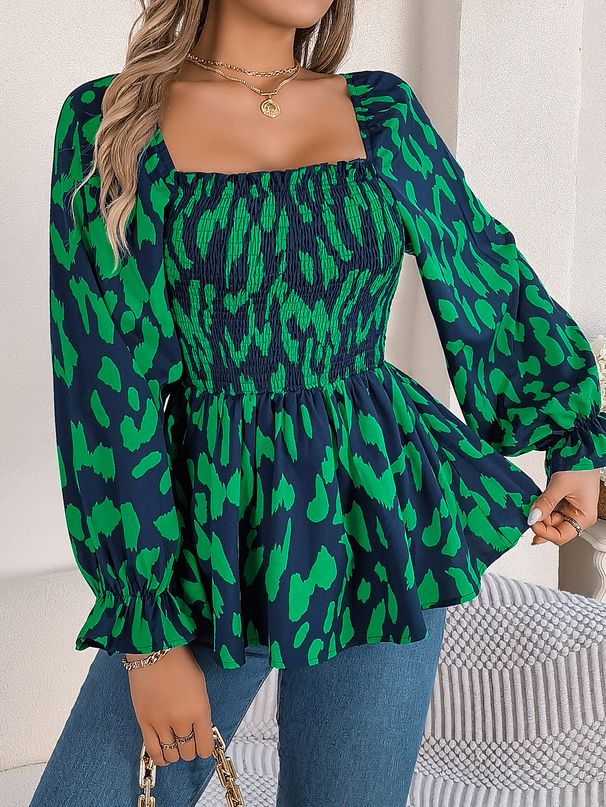 2025 Herbst Winter Casual Rüschen Square Neck Leopard Print Langarm Chiffon Bluse Damenmode_voghion.com